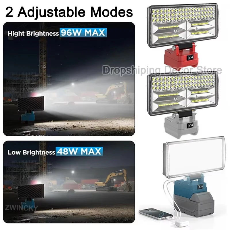 

96W LED Work Light For Makita/Dewalt/Milwaukee 18V Li-ion Battery, Portable Emergency Floodlamp Flashlight Camping Lamp With USB