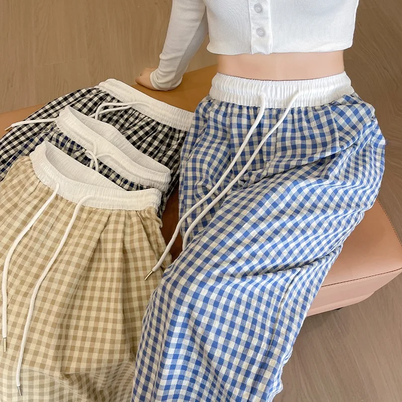 

2026 Summer New Retro Checkered Wide Leg Pants Japan Korean Fashion Casual Loose Joggers Pants Sweatpants Women