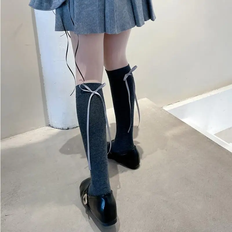 

270D японские женские и женские элегантные длинные носки-трубы с бантом на ленте, элегантные дышащие хлопковые студенческие до