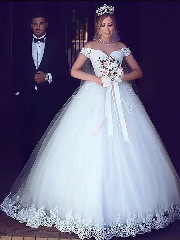 Vestido de novia de encaje con hombros descubiertos, vestido de novia de princesa con tren de manga, línea A, 2024