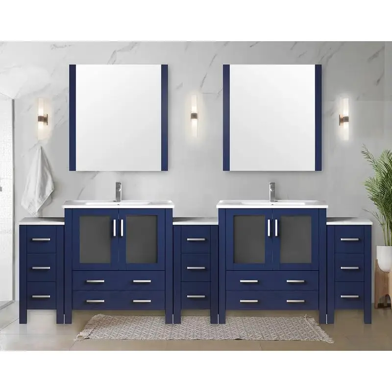 حمام مزدوج باللون الأزرق الداكن مقاس 108 بوصة عرض × 18.25 بوصة عمق مع خزائن جانبية وسطح سيراميك أبيض للحمامات الحديثة