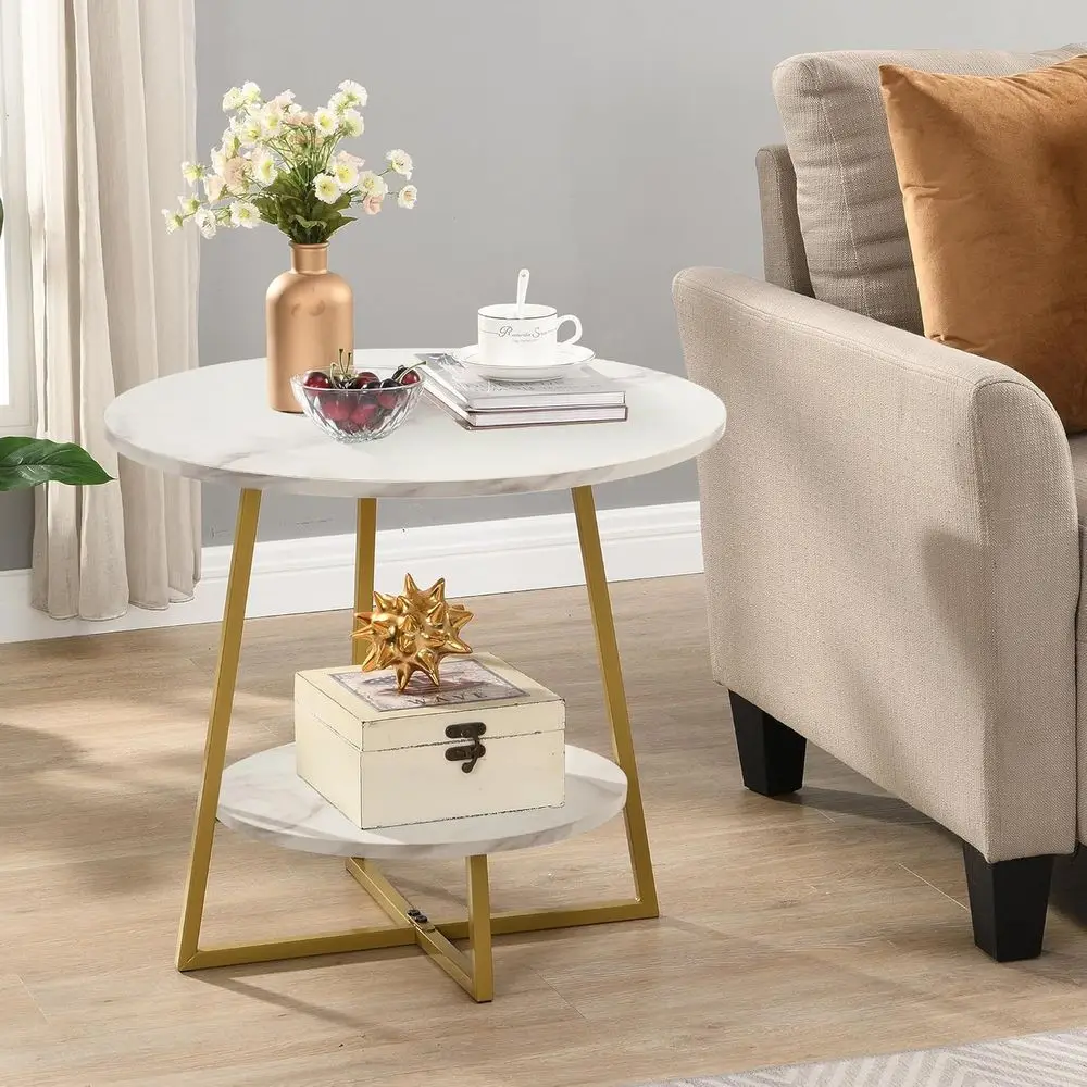

2-Tier Round Wood Side Table for Small Spaces, White Marble Look Accent Table with Storage Shelf, Ideal for Living Room, Bedroom