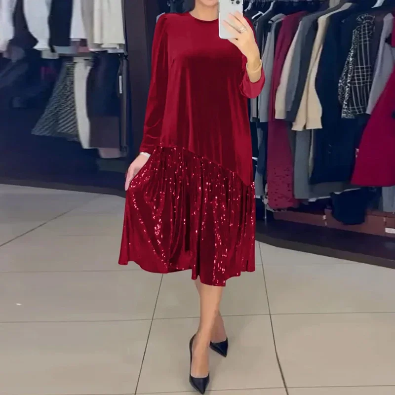 Abiti da sera con paillettes impiombate in velluto solido autunnale Abito da donna elegante con scollo a O lungo pullover Abito invernale con orlo a maniche lunghe