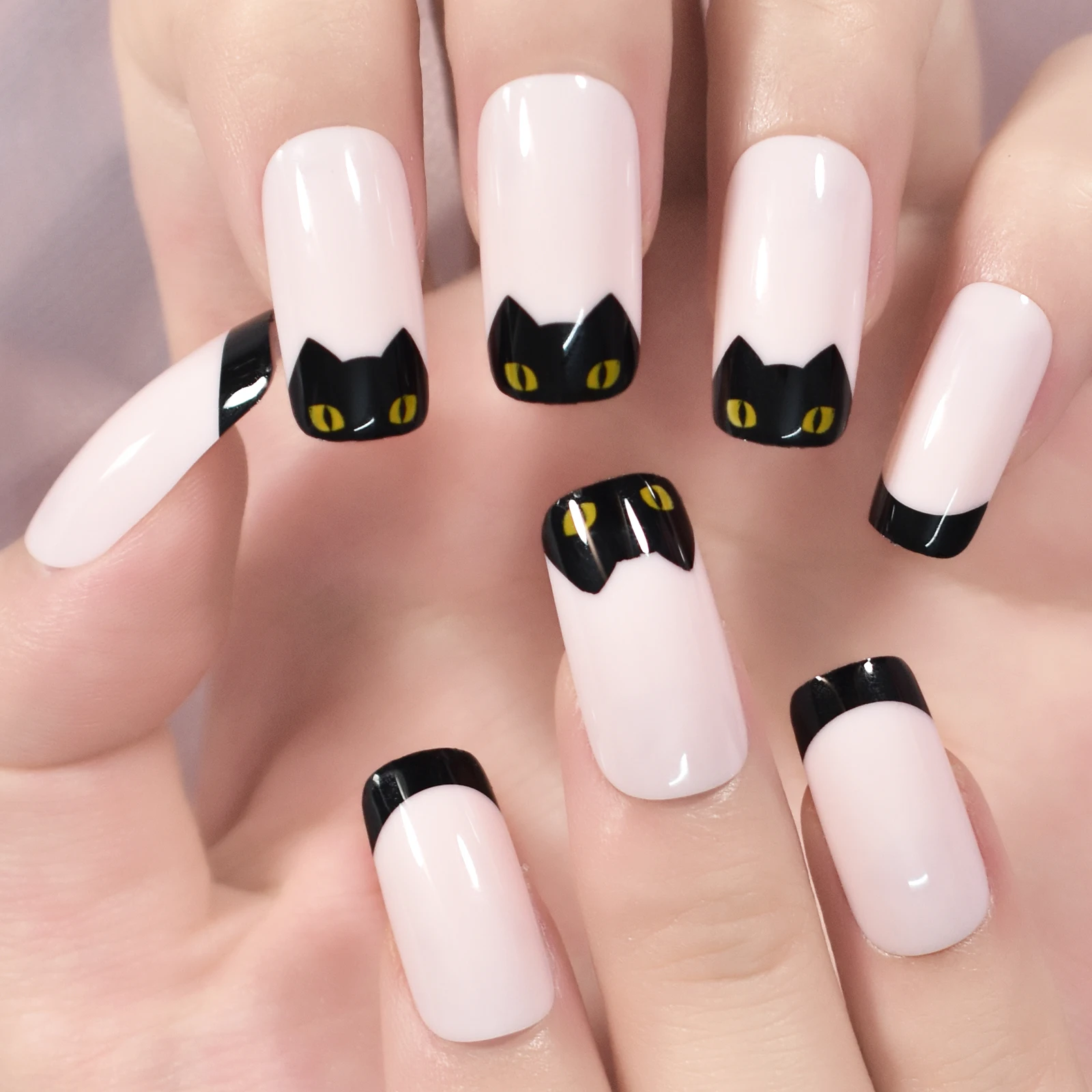 Pink Franch Nails Spirit Cat Medium Square Fingernails Night Fury Toothless Dragon Fingernails Patternt Press On Nails Manicure