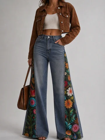 Women’s High Waist Floral Print Patchwork Jeans, Loose Wide Leg Vintage Washed Denim Pants, Boho Casual Streetwear
