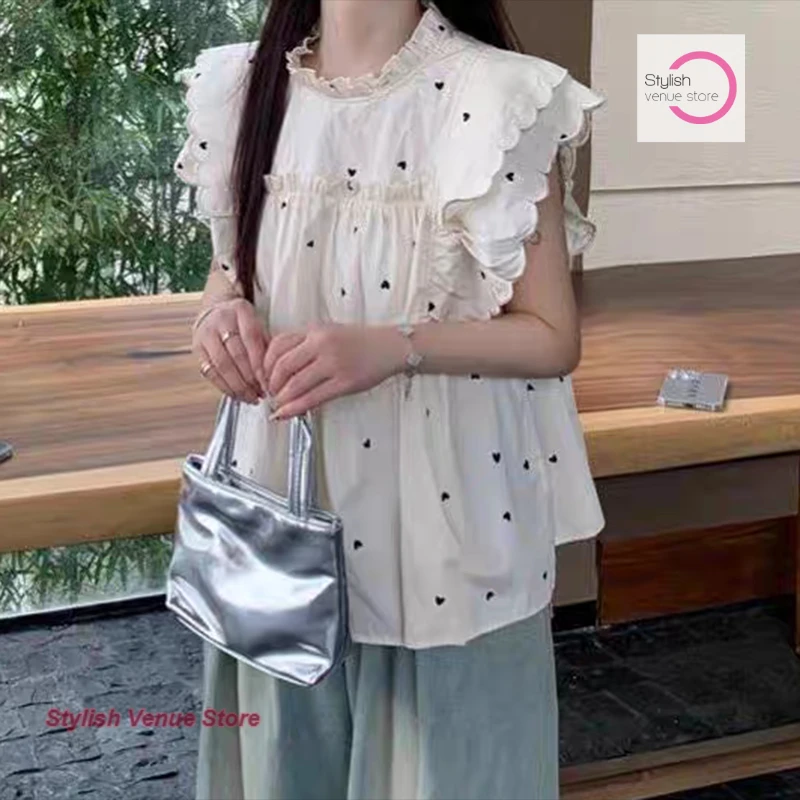 French flying sleeve sweet ins design polka-dot shirt women's summer new fashion plus size loose bubble sleeve slim top