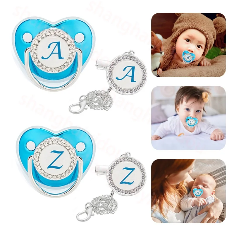 Exquisite blue English letter silicone baby pacifier with chain cover, BPA free, the best soothing tool for baby photography