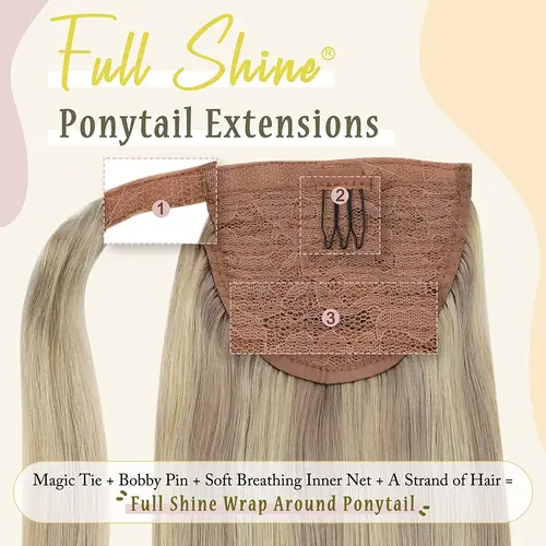Imagen 2 del producto Extensión de cola de caballo con brillo completo, cola de caballo rubia blanqueada resaltada, Clip de cabello humano en extensiones de cabello de cola de caballo