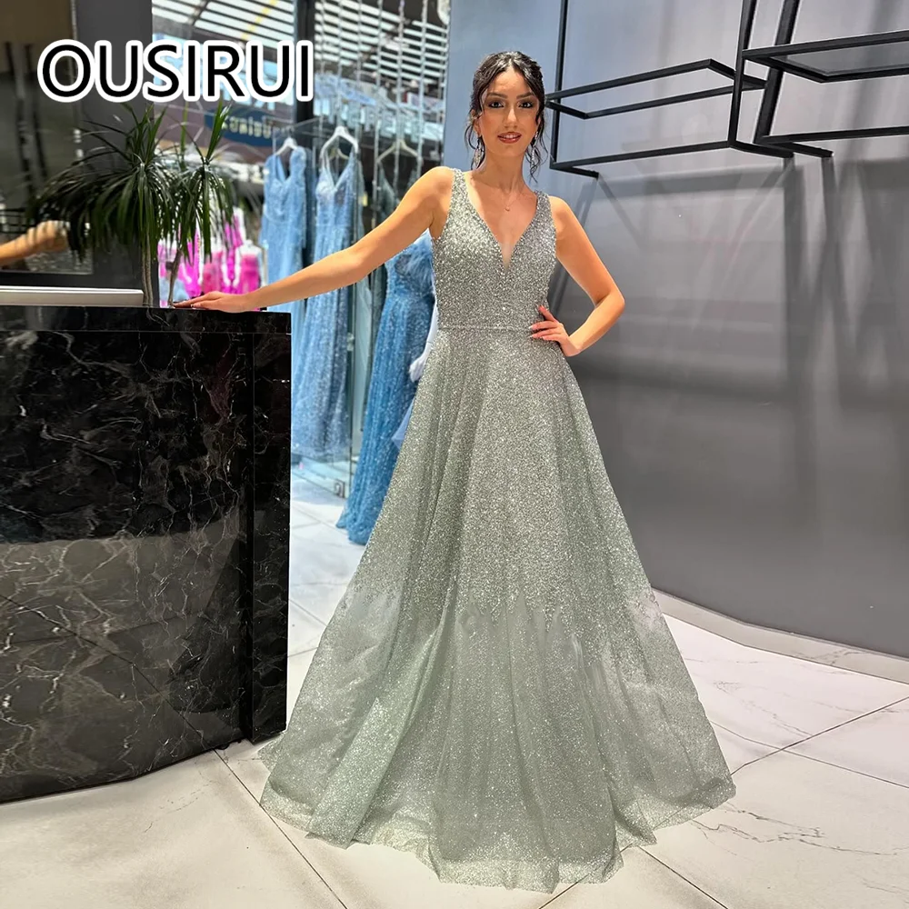 

OUSIRUI Fashion V-neck Sequins Shiny Strpaless Prom Party Dress Illusion Back A-line Court Prom Graduation Gown vestidos de gala