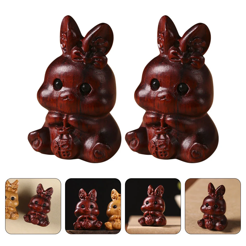 2 Pcs Wooden Rabbit Statue Decor Bunny DIY Crafts Pendant Cute Figurines Sandalwood Small