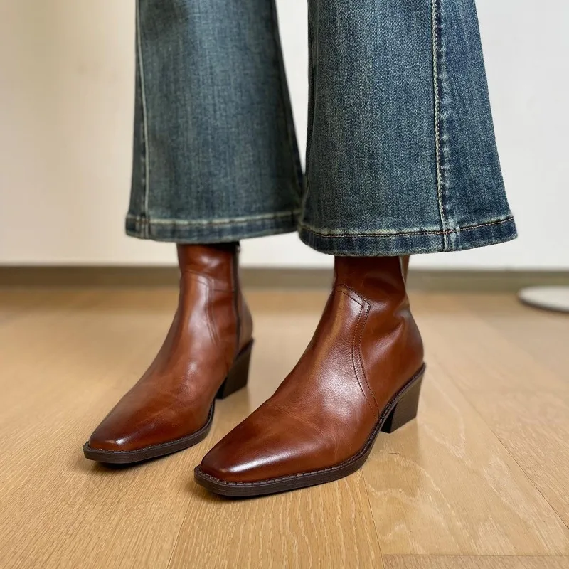 

New Women Shoes Classic Luxury Genuine Leather Ankle Boots for Woman Fashion Square Head Chelsea Boot Designer Shoes Botas Mujer