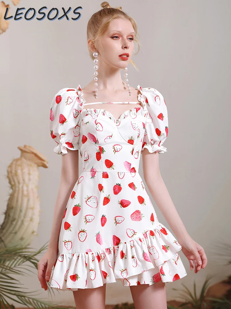 

High Quality French Strawberry Print Dress for Women 2024 Summer Sweet Girlish Style Playful Puff Sleeve Ruffled Pleated Dresses