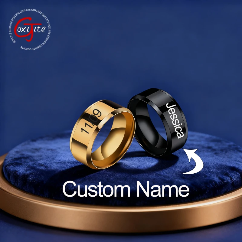 Goxijite Stainless Steel Engraved Date Name Ring Couple  Engraved Letter Symbol Ring Men And Women Anniversary Jewelry Gift