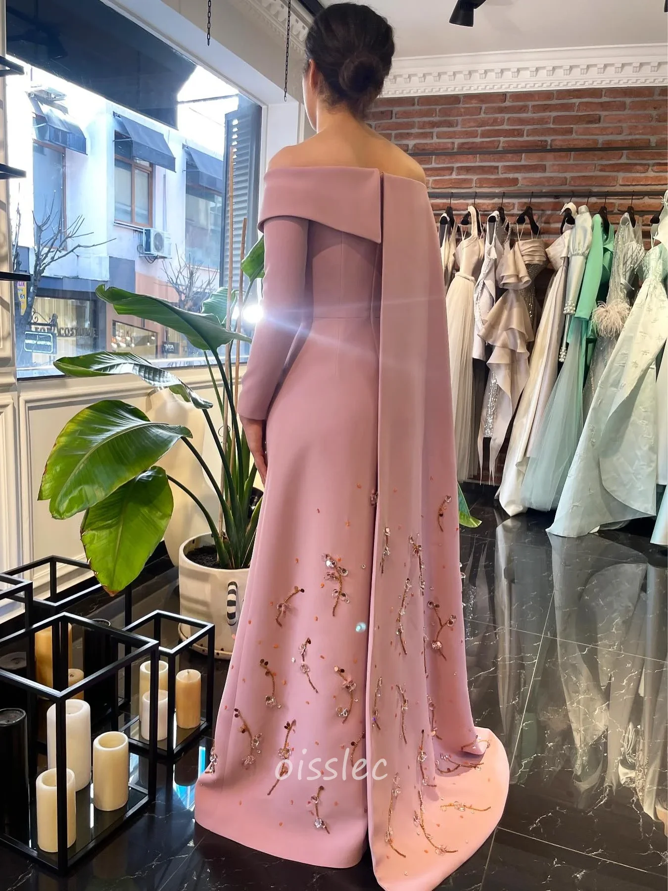 Oisslec Prom Dresses Pink Boat Neck Beaded Party Dress Floor Length Long Sleeve Formal Evening Gowns فساتين حفلة موسيقية