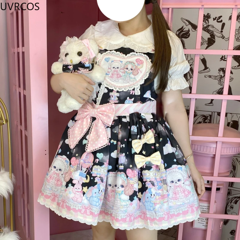 Japanese Style Sweet Lolita Princess Dress Women Cute Cartoon Dog Print Bow Strap Dress Kawaii Girl Fashion Tea Party Mini Dress
