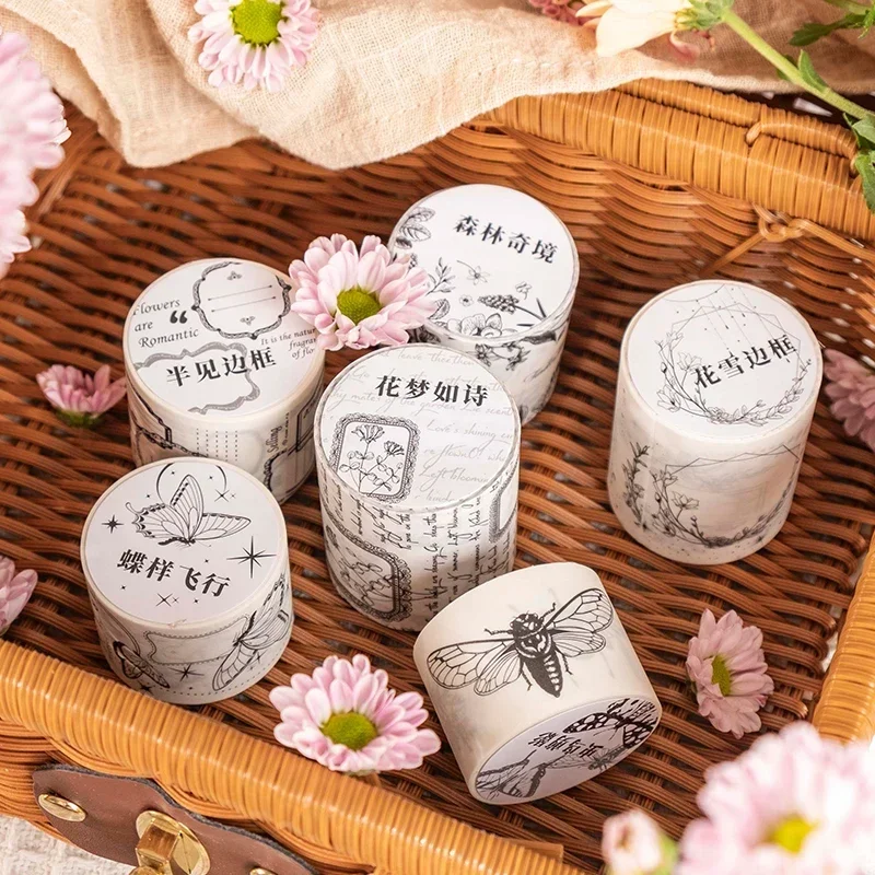 

1 упаковка, винтажная лента васи с черными и белыми цветами и птицами, 6 стилей, серия садовых приключений, журнал, коллаж