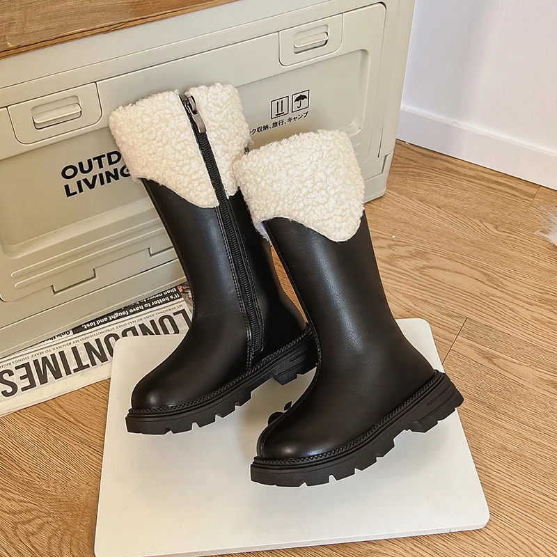 

Kids Mid-calf Boots for Girls 2025 New Winter Kids Thermal Boots Non-slip Thick Sole Simple Round Toe Christmas Party Boots Girl