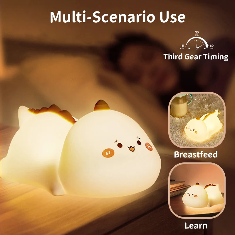 Dinosaur Night Light,Cute Animal Squishy Silicone Touch Lamp,Timer Dimmable Rechargeable LED Nightlight,for Kids Baby Girls