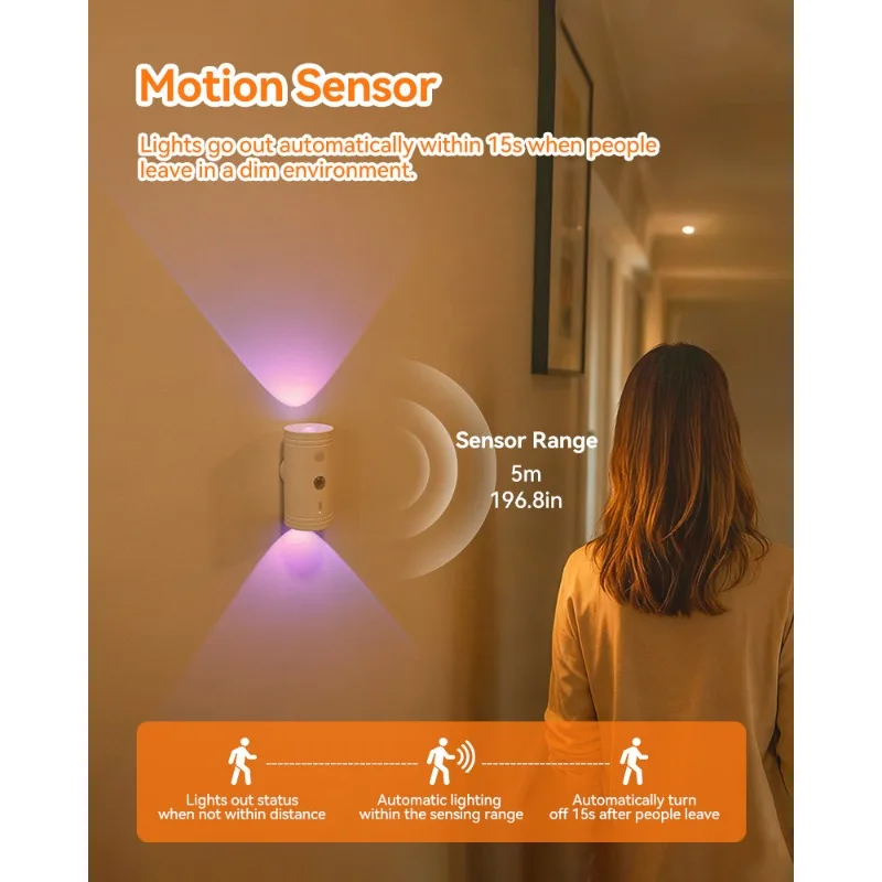 Lampka nocna LED z czujnikiem ruchu, zmieniająca kolory RGB, bezprzewodowa lampa ścienna, ładowalna, magnetyczna lampka zachód słońca do sypialni, salonu.
