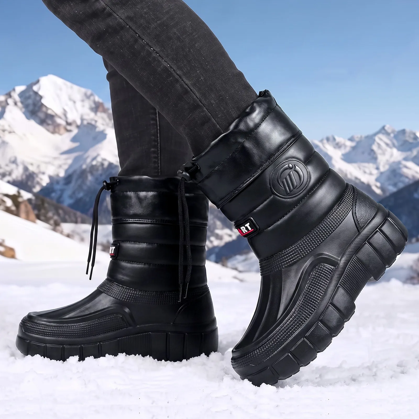 Winter Herren Baumwollschuhe mit Samt und warmem Leder, dicker Sohle, Kordelzug, hoher Schaft, schwarz, Outdoor, kältebeständig, Schneestiefel – Detail 5