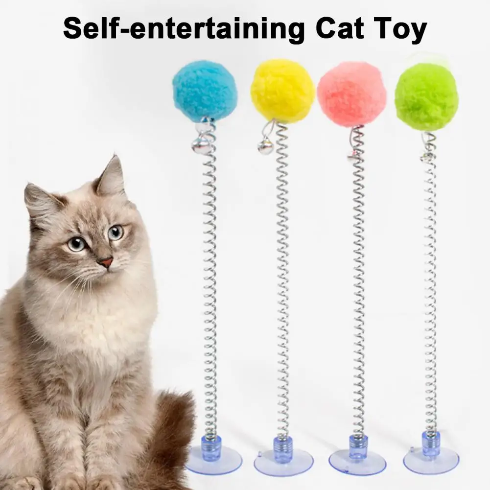 Spring-type Cat Teaser with Plush Ball Suction Cup Bottom Wand Toy Soft Artificial Velvet Fabric Chewable Cat Toy Set Pet Gifts