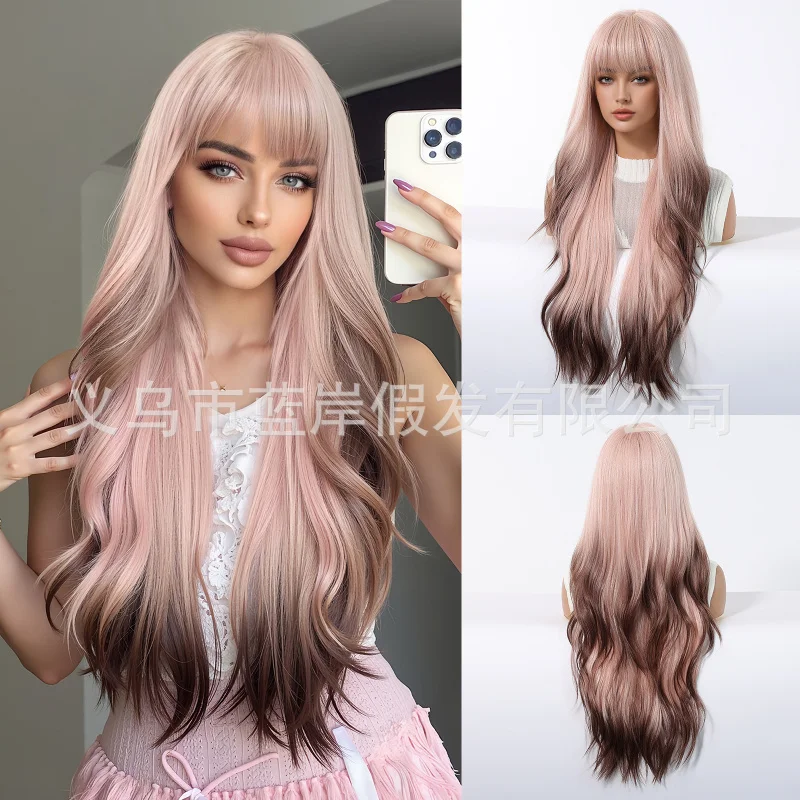 

Full head wig for women, gradient pink with air bangs, curly hair, matte high-temperature fiber, made by a synthetic f
