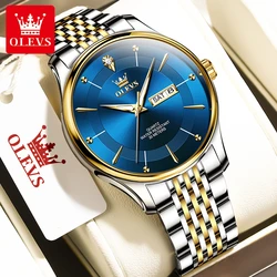 OLEVS-reloj analógico de acero inoxidable para hombre, nuevo accesorio de pulsera de cuarzo resistente al agua con calendario Dual, complemento masculino de marca de lujo con correa luminosa, Original