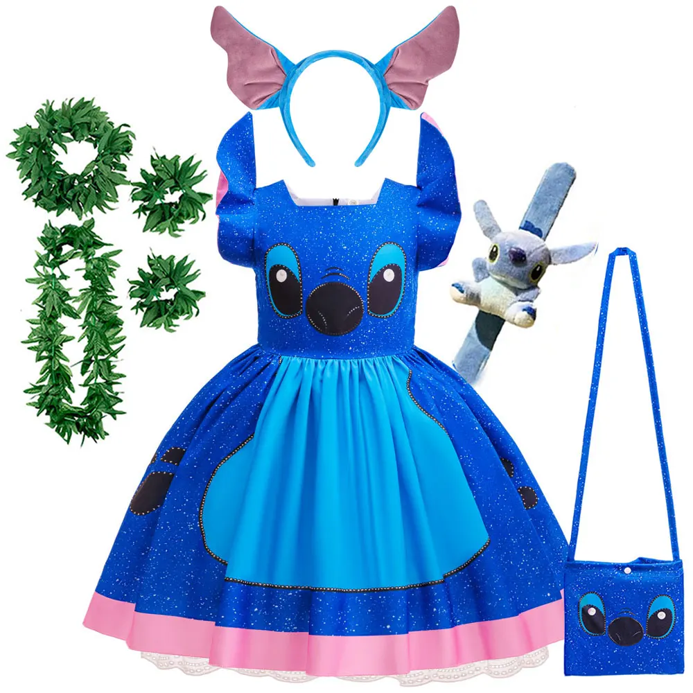 Disney Lilo und Stitch Cosplay-Kleid für Mädchen im gleichen Stil, Halloween-Partykleid + Accessoires, sommerliches, kurzärmeliges, flauschiges, süßes Kleid