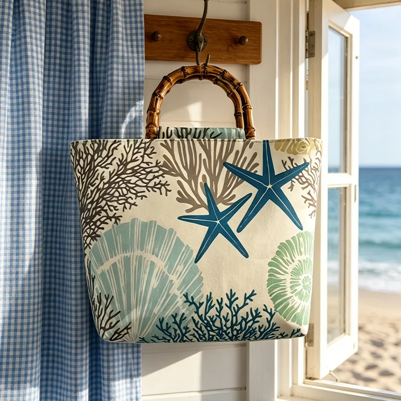 Blue Sea Star Coral Shell Print Faux Bamboo Handle Women's Tote Bag, Large Capacity Commuter Bag