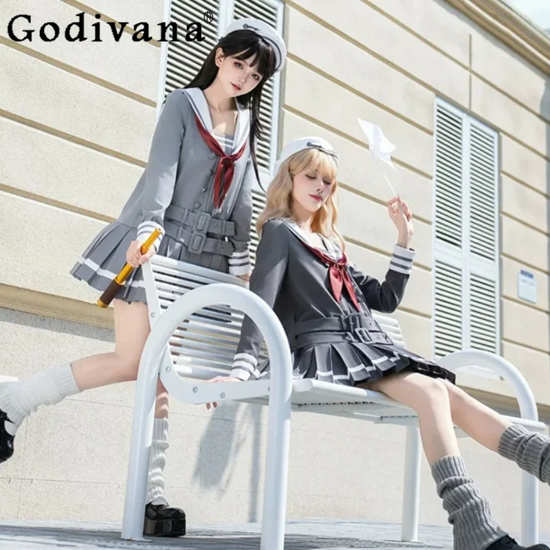 Spring Sweet Lolita Loose Sweet Navy Collar Op Long Sleeve Pleated Dress Fashion Versatile College Playful Simple A-line Dresses