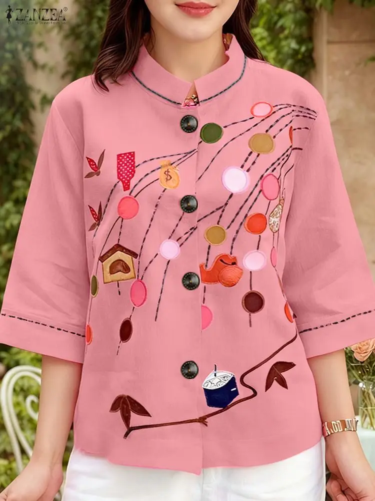 

ZANZEA 2022, осенние рубашки с принтом, женская блузка, повседневные топы с круглым вырезом и длинными рукавами, ретро рабочая сорочка Mujer Femme, блузки на пуговицах