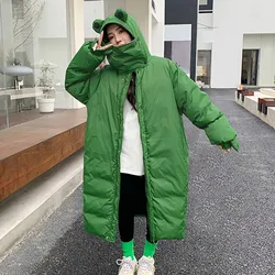 Cartoon Cute Down Jacket Women Autumn Winter Green Thick Quilted Jacket Coat Long Sleeve Hooded Long Parkas Female Outwear