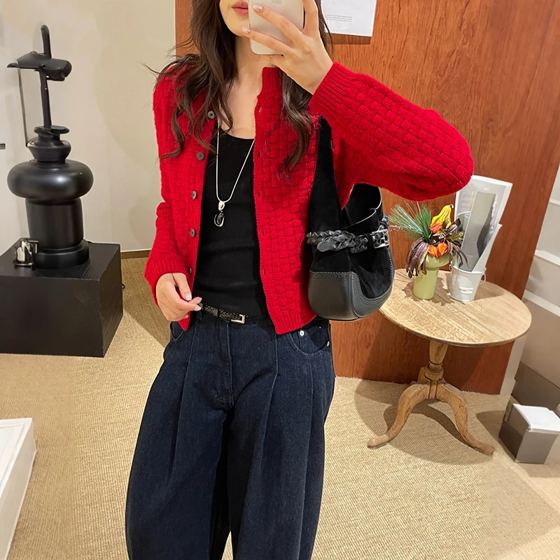 

French Sle Knitted Red Plaid round Ne Open Cardigan Women's Par Jaet ort Length Long Sve New Year Celebration