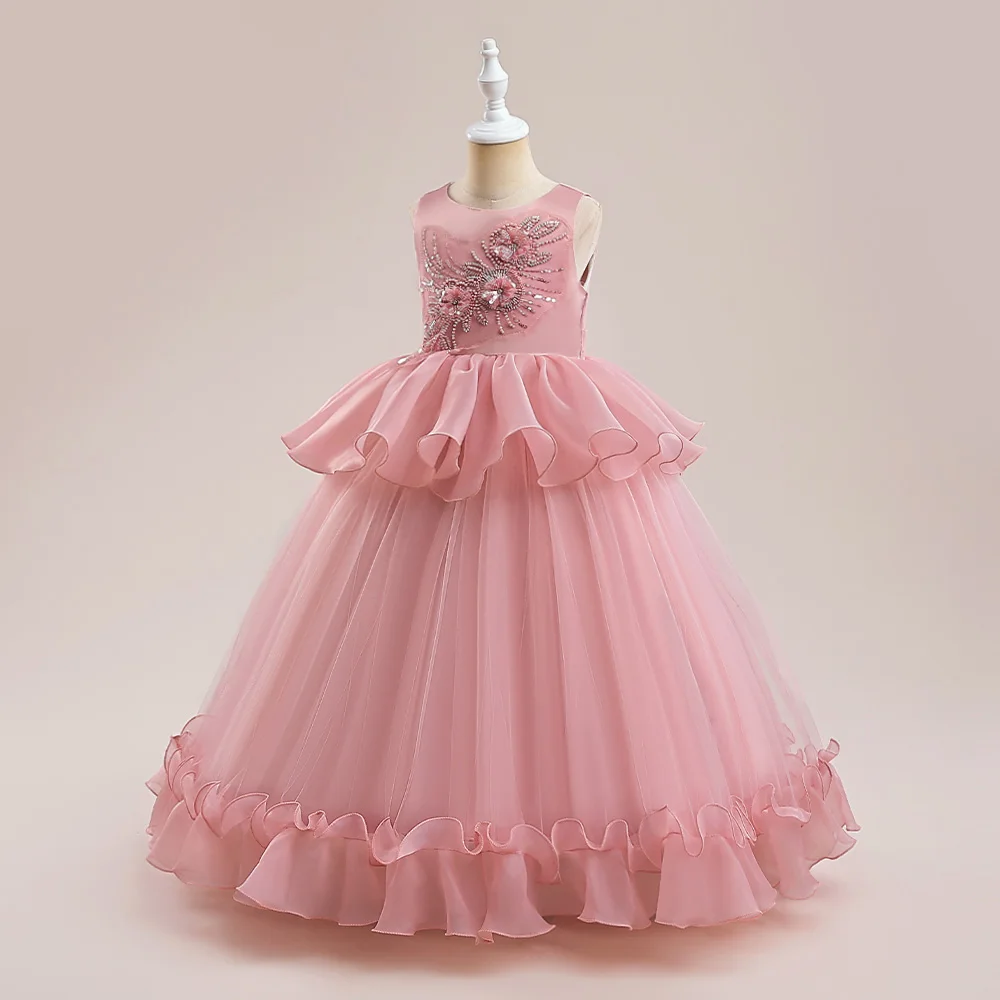 Pink Beading Tulle Party Dresses For Elegant Girls Kids Sleeveless Floral Birthday Baptism Tutu Gown Teens Evening New Costumes