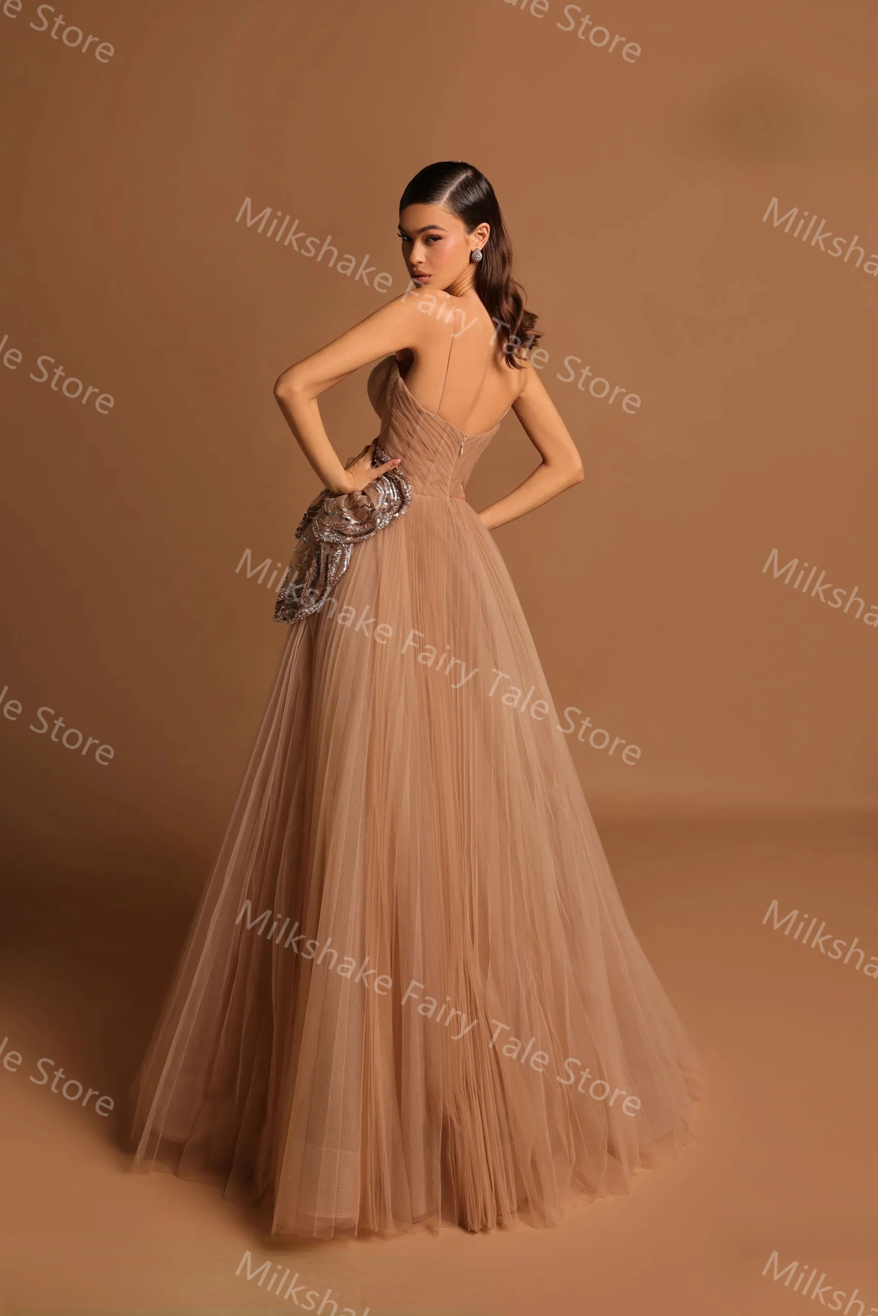 Charming Brown Evening Dresses Shiny Sequins Sleeveless A Line Women Prom Gowns Sexy Floor Length Graduation Party Dresses