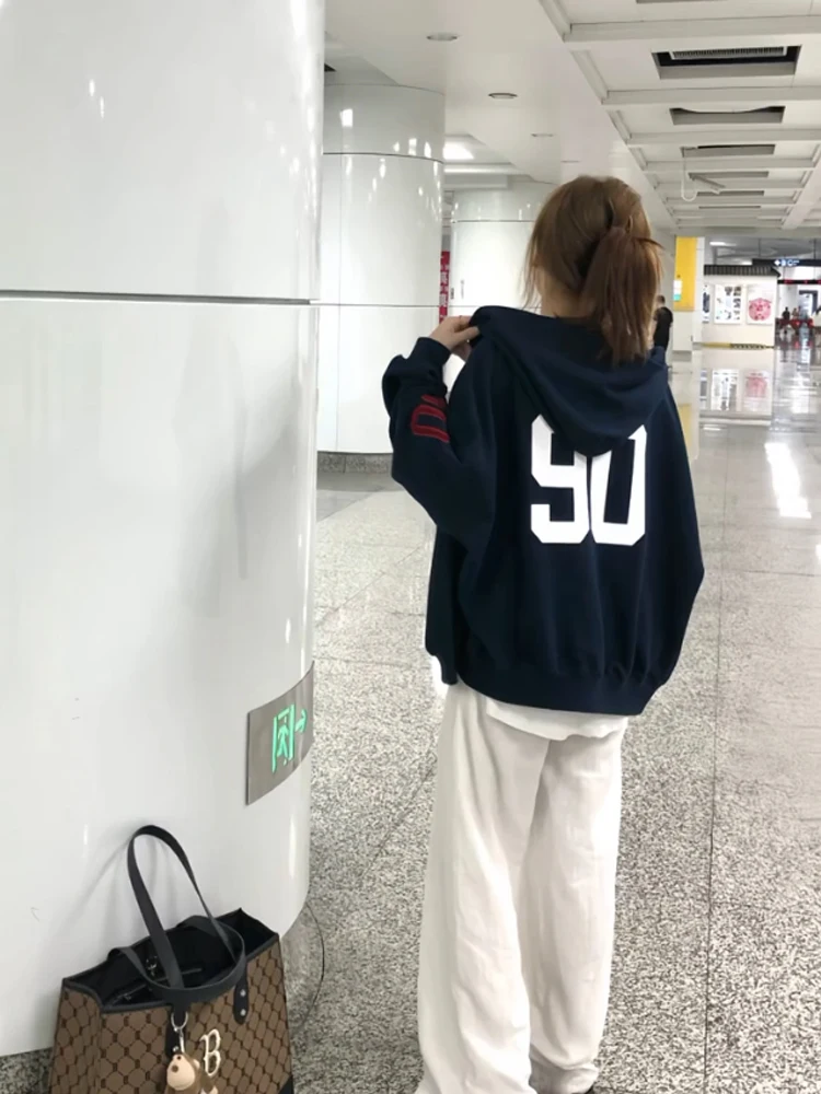 레트로 아메리칸 니트 모자 스웨트셔츠 여성용 봄 가을 신상 오버사이즈 하이 스트리트 커플 코트 자수 긴팔