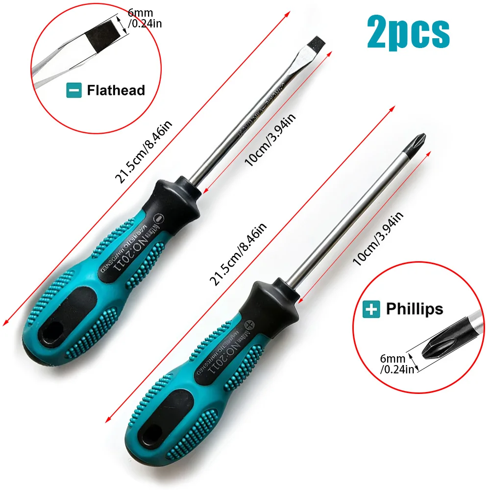 2-Piece Phillips and Flathead Multi-Functional Magnetic Screwdriver Set, 6mm Diameter, 10cm Length