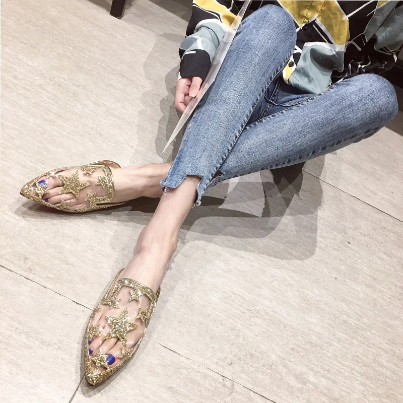 Slippers for Women Outwear 2022 New Summer Sandals Women Pointed Flats Muller Slipper Trendy Shoes Sequins Stars slippers girls