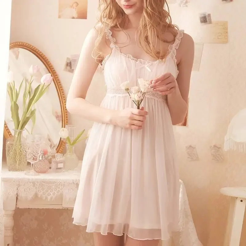 Summer Princess Style Fashion Sling Nightdress Female Lace Sleeveless Chest Pad Pajamas Cute Sweet Girls Sexy Thin Home Clothes