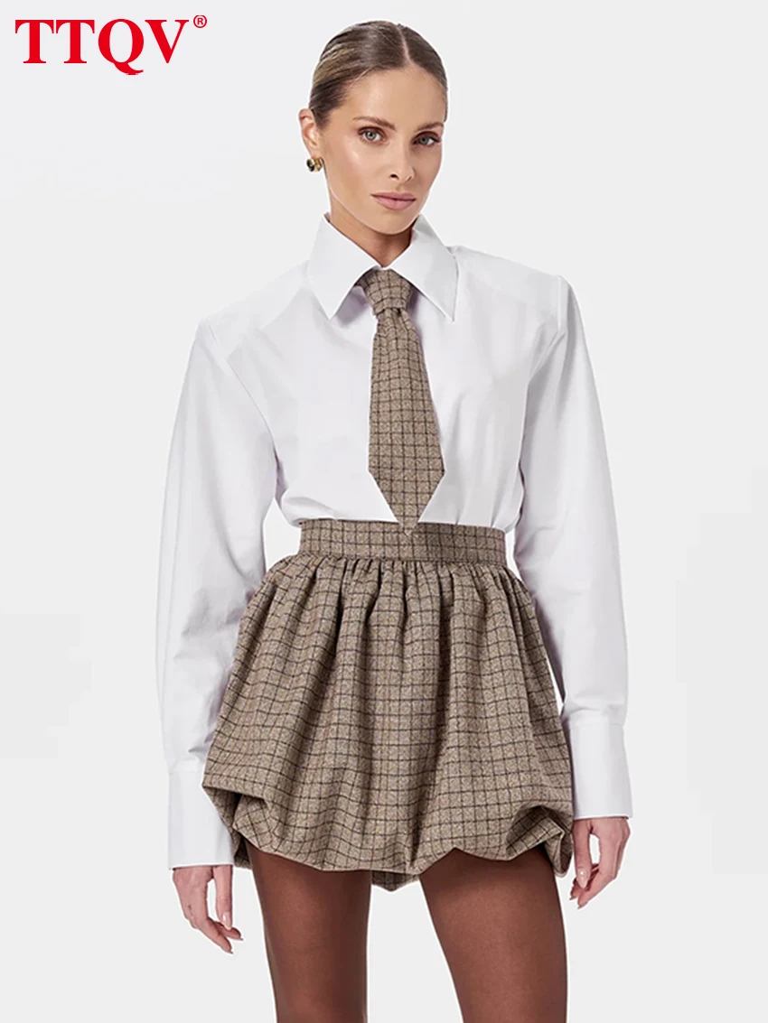 

TTQV Fashion Loose White Cotton 2 Pieces Set For Woman 2026 Elegant Long Sleeve Shirt With High Waist Mini Skirt Set Female