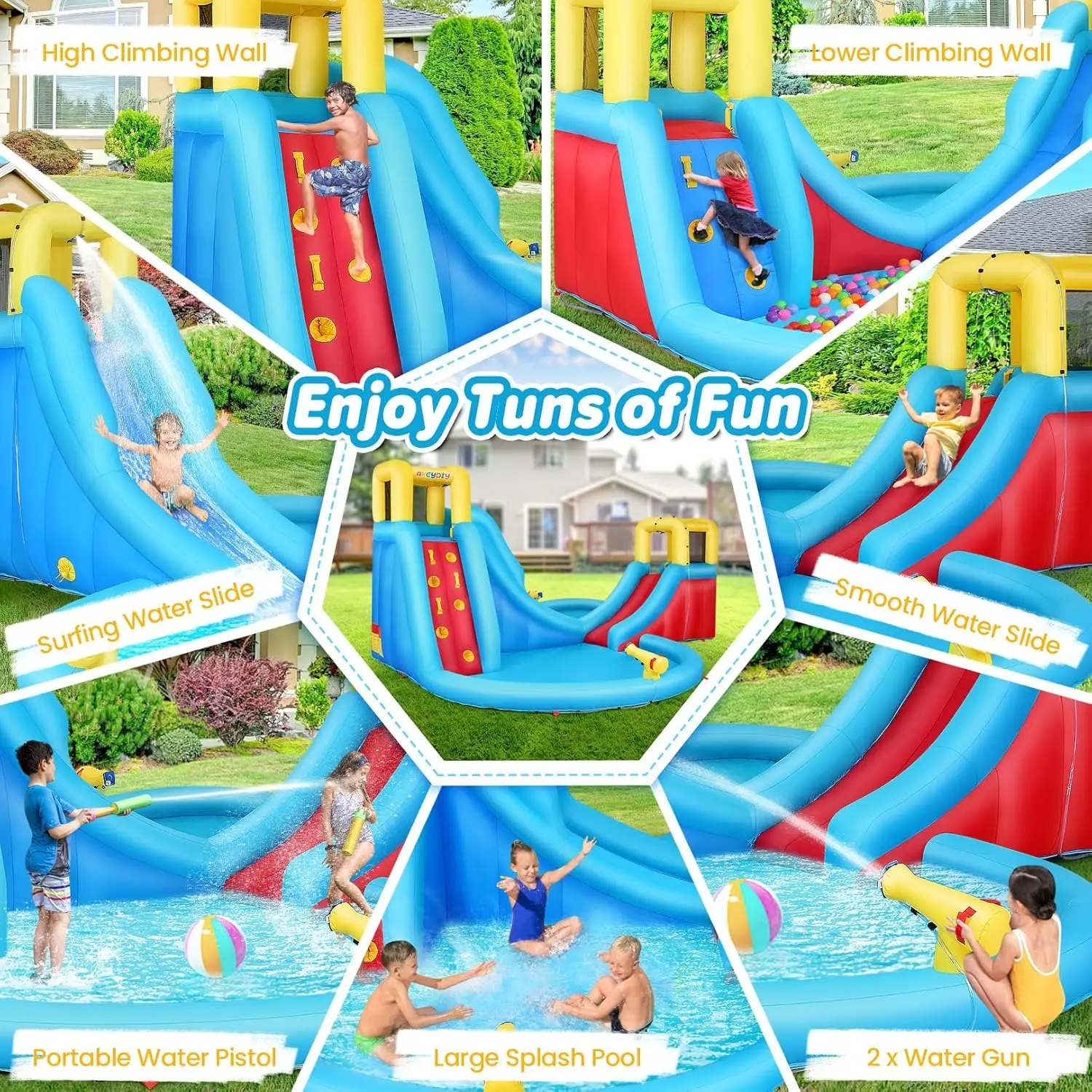 Große aufblasbare Wasserrutsche – Duell-Wasser-Bounce-Haus, aufblasbarer Wasserrutschenpark mit Spritzbecken, Kletterwand, Korbrand, Wasserkanne