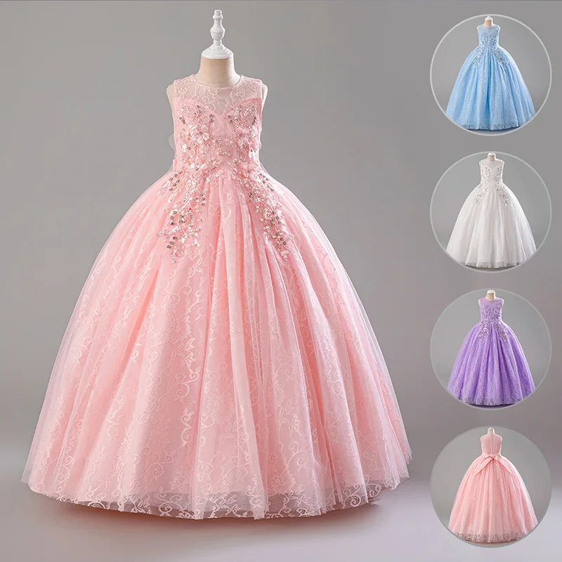 New Ball Gown Children's Princess One-shoulder Long Flower Girl Wedding Dress Lace Beaded Party Princess Dress