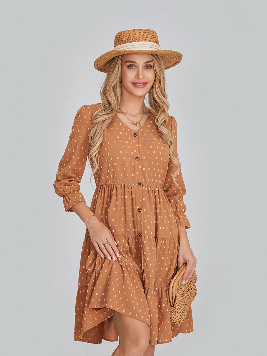 

Puloru Women's Fall Flowing Dress Casual Dots Long Sleeve V-Neck Button down Ruffled A-Line Dress High Waist Knee Length Dress