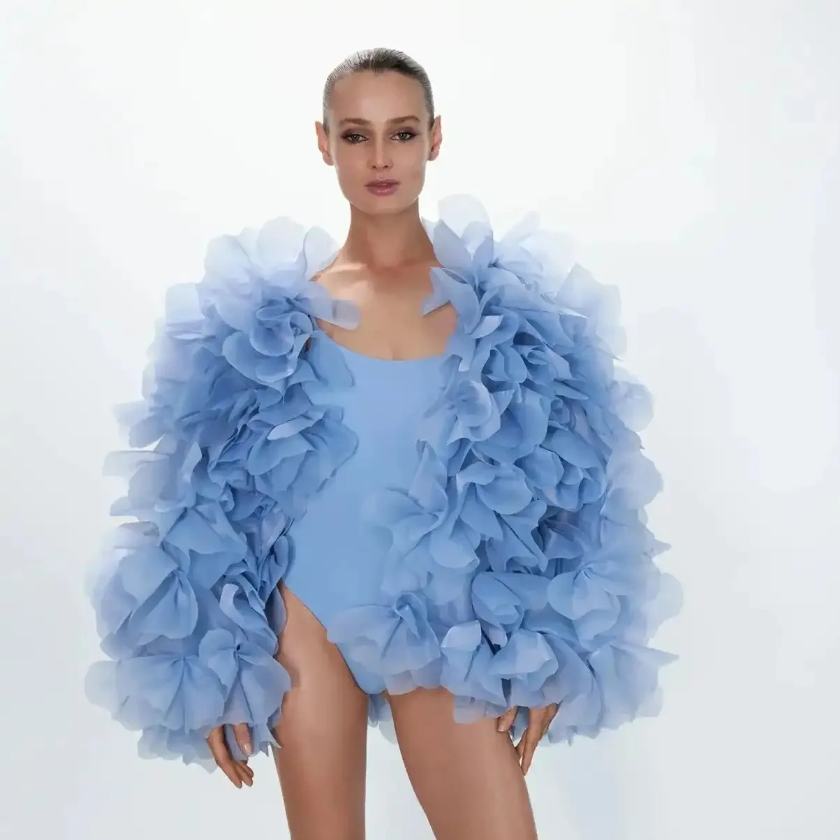 

Photography Fashion Female Jackets Women Top Organza Layered Chic Blue Blouse Woman Jacket with Ruffle Sleeves
