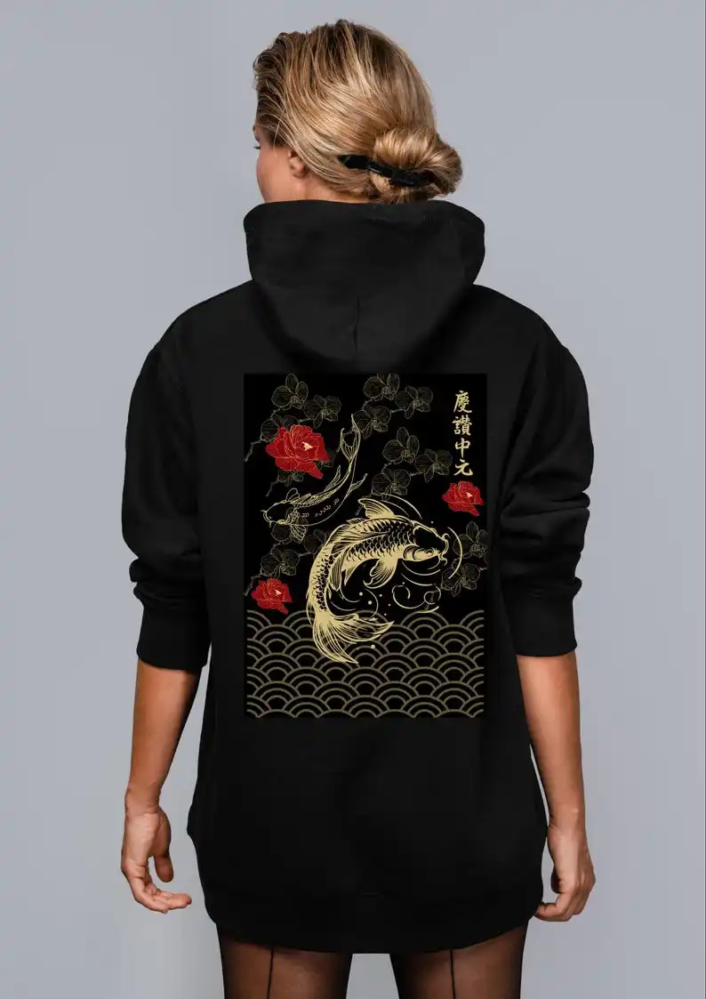 Vintage Japanese Koi Fish Hoodie Nautical Asian Fish Vintage Hoodie Japanese Streetwear Fish Hoodie Vintage Streetwear Hoody Top