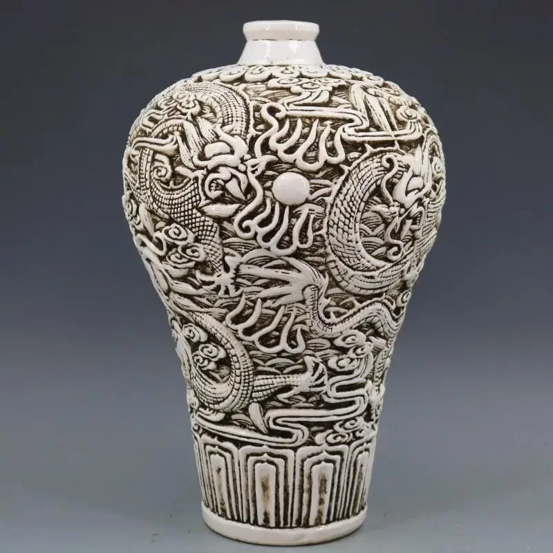 

White Glaze Relief Dragon Pattern Plum Vase From China Antique vase decorations Handicraft Porcelain Home Decoration
