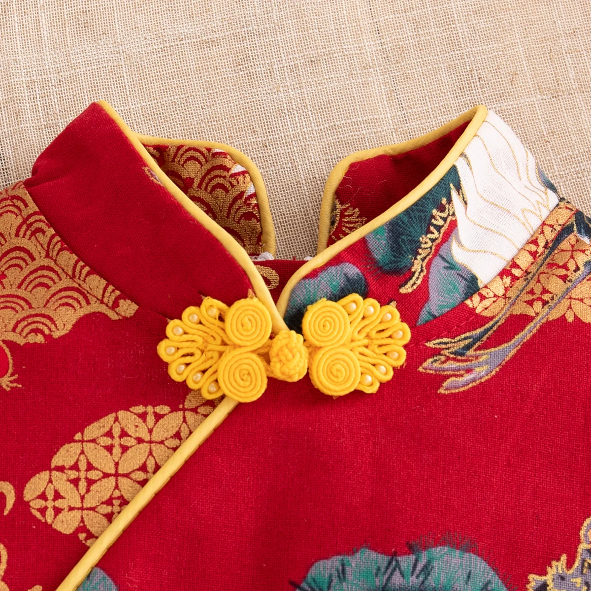 Gaun Anak Perempuan Balita Qipao Merah Katun Lengan Terbang Print Gaya Cina Musim Panas Cheongsam Bayi 0-2 Tahun