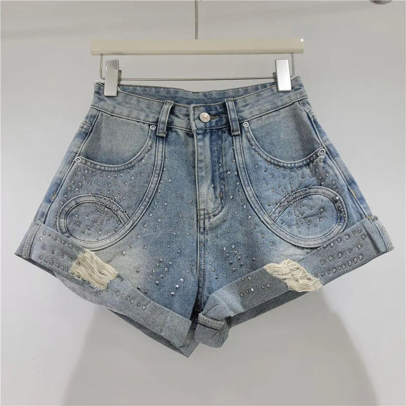 Rhinestone Denim Shorts for Women Korean Style High Waisted Rolled Edge Hot Pants Retro Casual Commuting Blue Shorts