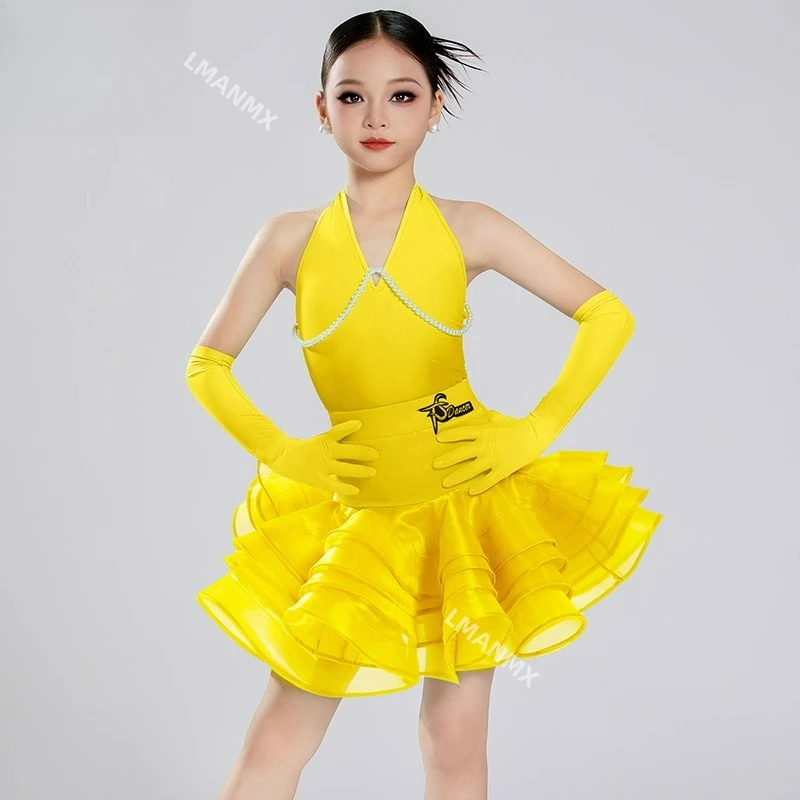 

Новое ярко-желтое платье для латинских танцев для детей и девочек с жемчужным разрезом, тренировочное платье для выступлений, соревнований