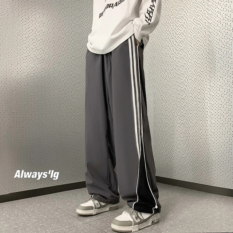 

American Retro Striped Sports Pants Men's Spring Autumn Loose Wide Leg Straight Casual Long High Street Pants Breathable